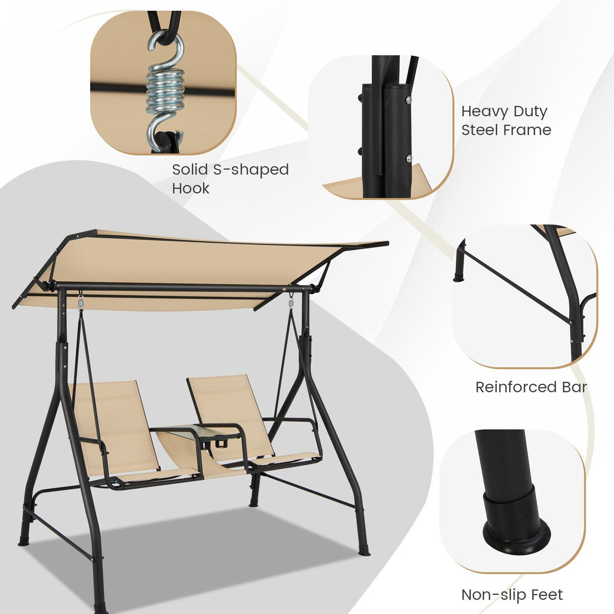 2-Seat Outdoor Cushioned Porch Swing with Adjustable Canopy and Tempered Glass Table-Beige view 8