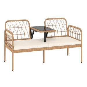 2-Seat PE Rattan Outdoor Loveseat with Built-in Coffee Table and Soft Cushions-White