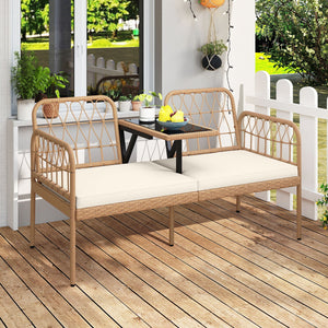2-Seat PE Rattan Outdoor Loveseat with Built-in Coffee Table and Soft Cushions-White view 2
