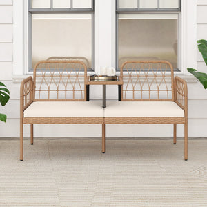 2-Seat PE Rattan Outdoor Loveseat with Built-in Coffee Table and Soft Cushions-White view 3