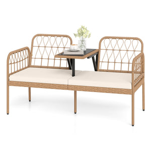 2-Seat PE Rattan Outdoor Loveseat with Built-in Coffee Table and Soft Cushions-White view 4