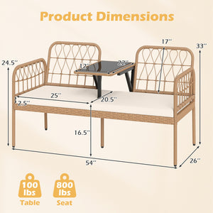 2-Seat PE Rattan Outdoor Loveseat with Built-in Coffee Table and Soft Cushions-White view 5