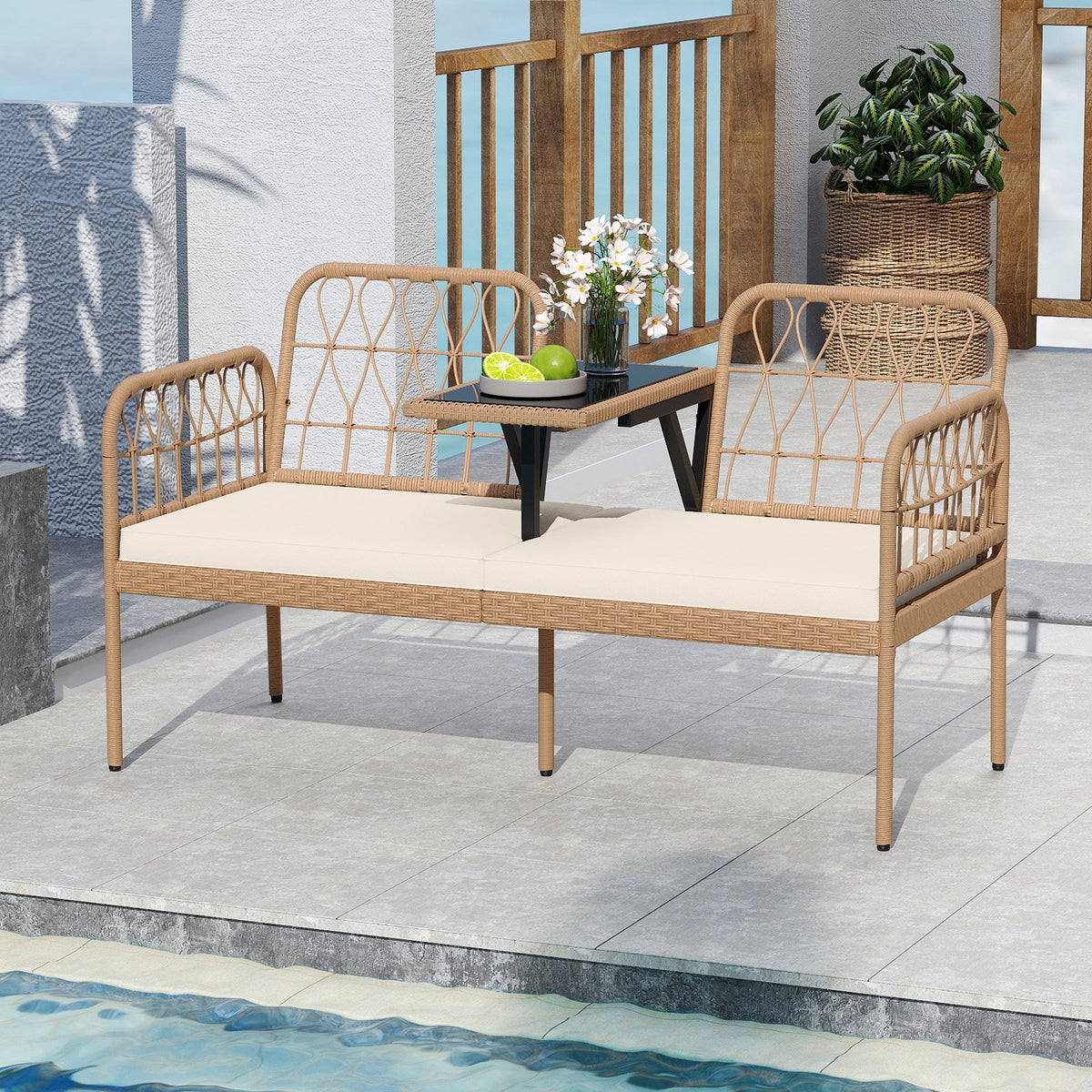 2-Seat PE Rattan Outdoor Loveseat with Built-in Coffee Table and Soft Cushions-White view 6