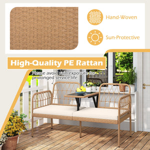 2-Seat PE Rattan Outdoor Loveseat with Built-in Coffee Table and Soft Cushions-White view 7