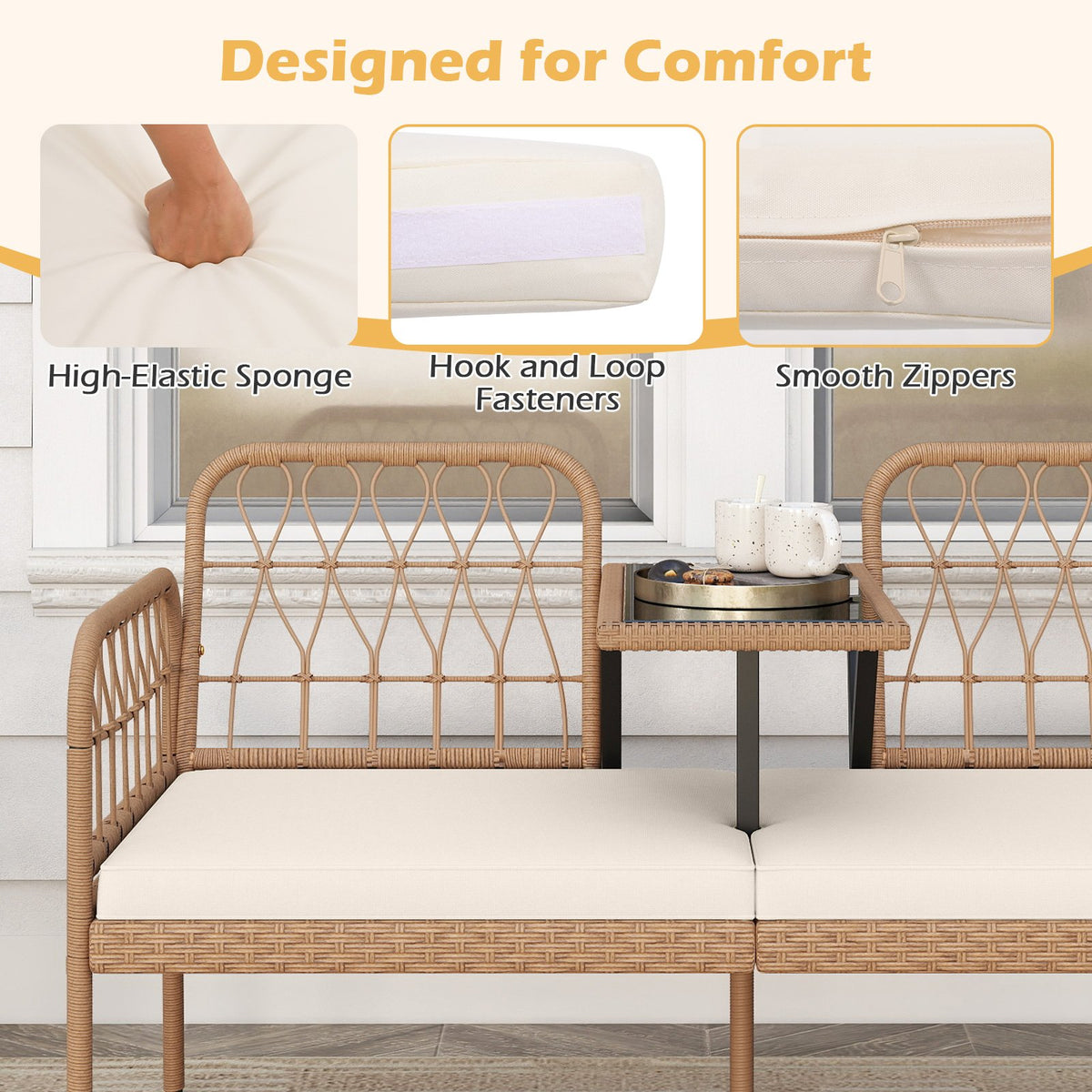 2-Seat PE Rattan Outdoor Loveseat with Built-in Coffee Table and Soft Cushions-White view 8