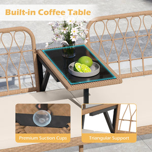 2-Seat PE Rattan Outdoor Loveseat with Built-in Coffee Table and Soft Cushions-White view 9