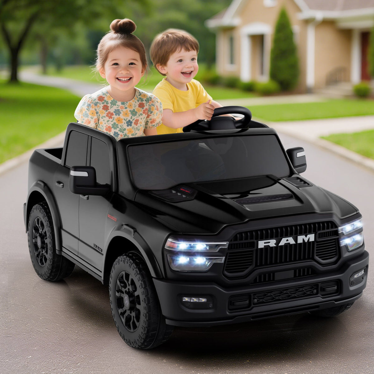2 Seater 24V Ride on Toy for Big Kids Licensed Ram Truck with Remote and Music-Black view 2