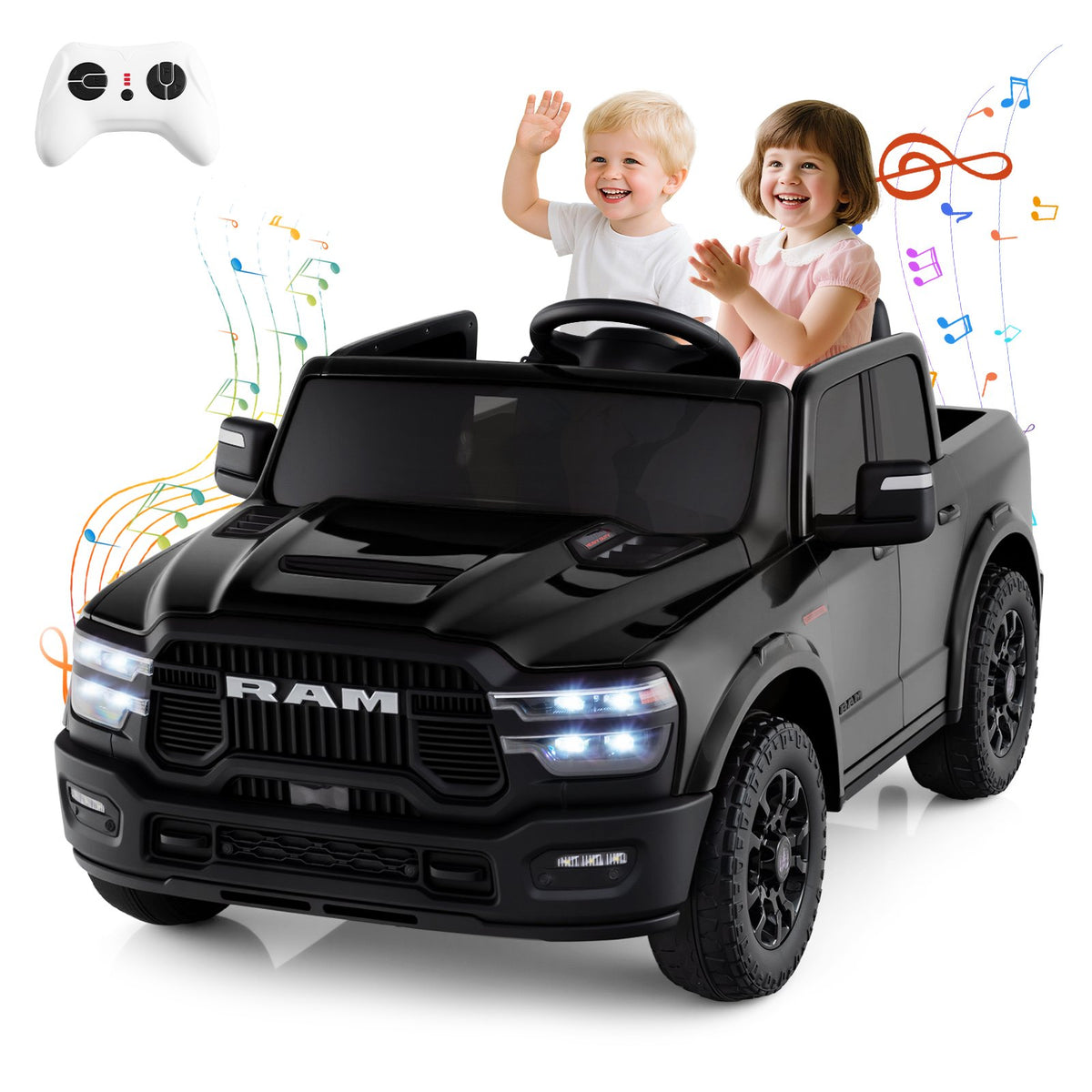 2 Seater 24V Ride on Toy for Big Kids Licensed Ram Truck with Remote and Music-Black view 3