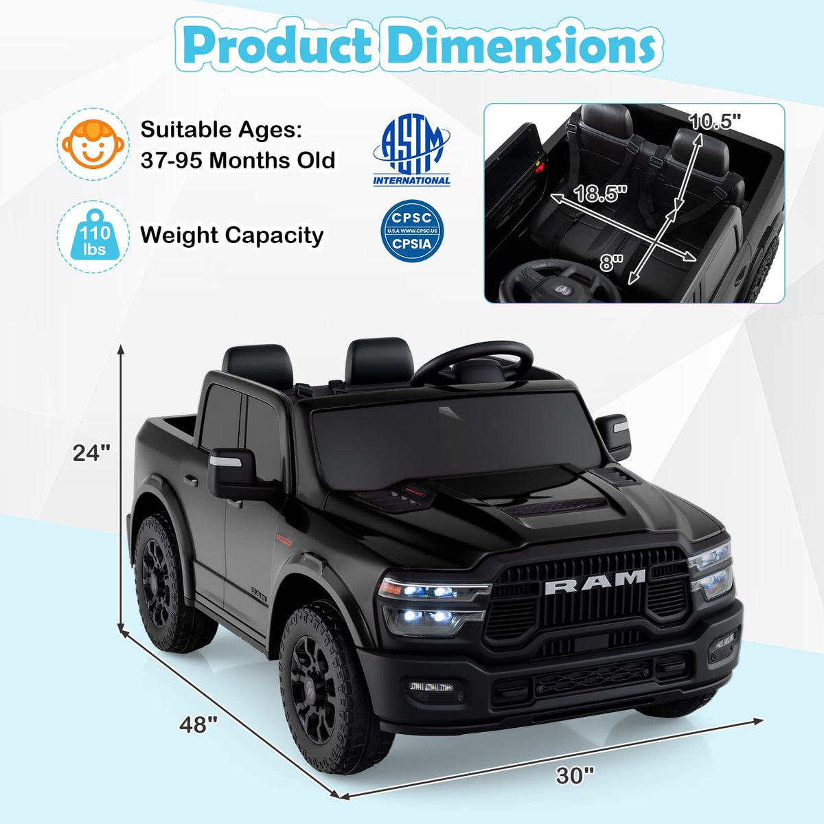 2 Seater 24V Ride on Toy for Big Kids Licensed Ram Truck with Remote and Music-Black view 4