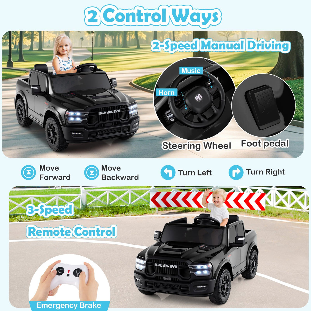 2 Seater 24V Ride on Toy for Big Kids Licensed Ram Truck with Remote and Music-Black view 6