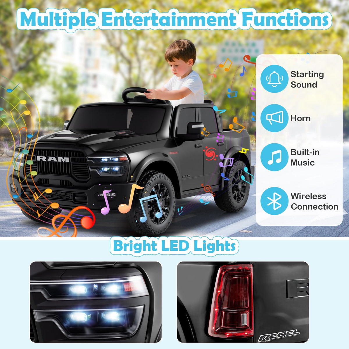 2 Seater 24V Ride on Toy for Big Kids Licensed Ram Truck with Remote and Music-Black view 7