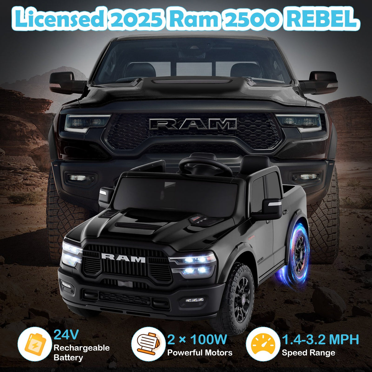 2 Seater 24V Ride on Toy for Big Kids Licensed Ram Truck with Remote and Music-Black view 8