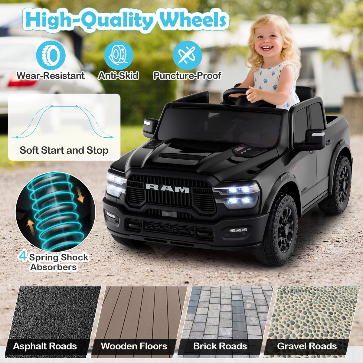 2 Seater 24V Ride on Toy for Big Kids Licensed Ram Truck with Remote and Music-Black view 9