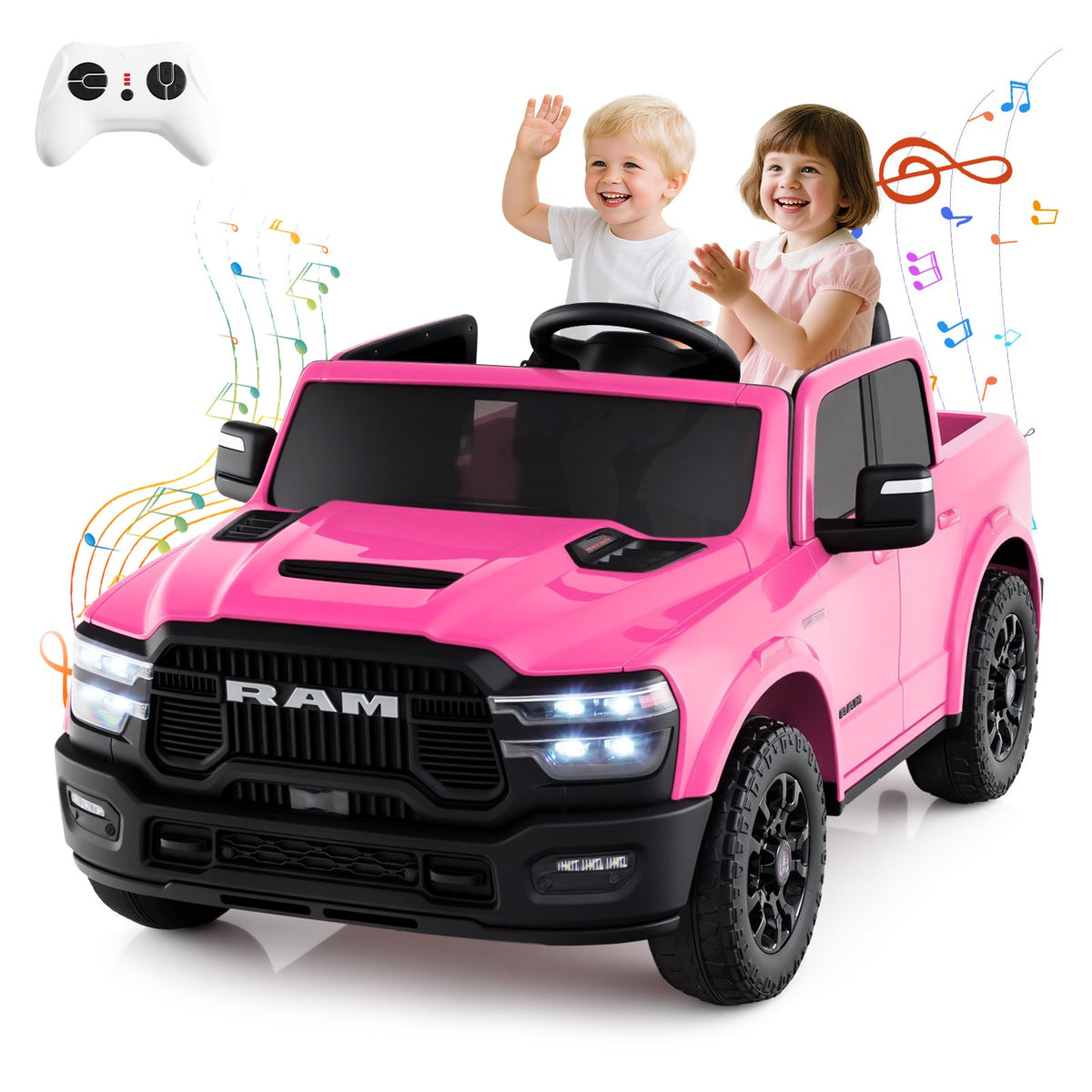 2 Seater 24V Ride on Toy for Big Kids Licensed Ram Truck with Remote and Music-Pink view 3