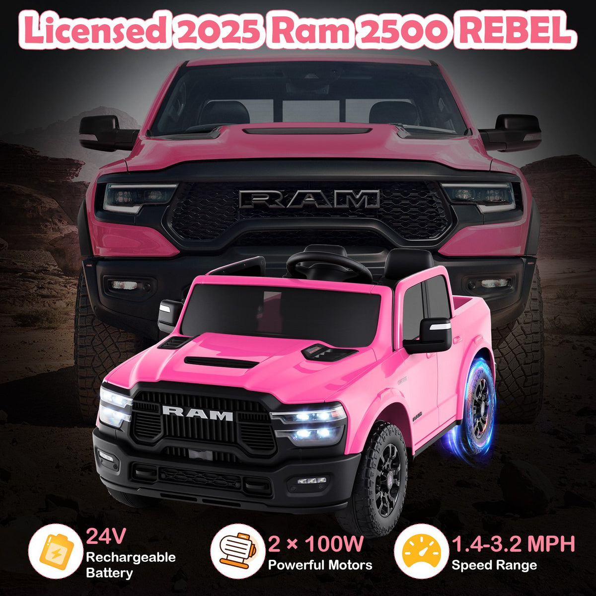 2 Seater 24V Ride on Toy for Big Kids Licensed Ram Truck with Remote and Music-Pink view 6