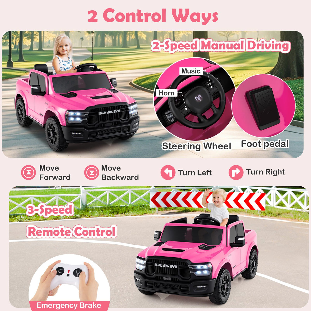 2 Seater 24V Ride on Toy for Big Kids Licensed Ram Truck with Remote and Music-Pink view 7