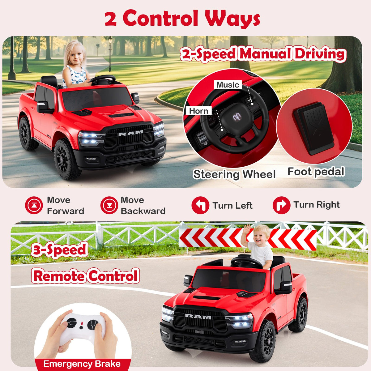 2 Seater 24V Ride on Toy for Big Kids Licensed Ram Truck with Remote and Music-Red view 6