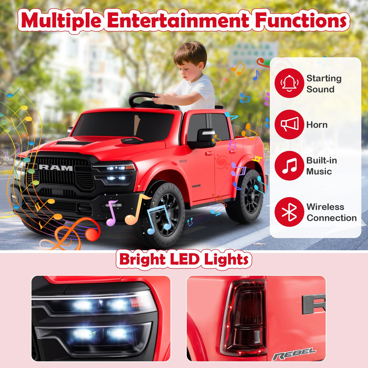 2 Seater 24V Ride on Toy for Big Kids Licensed Ram Truck with Remote and Music-Red view 7