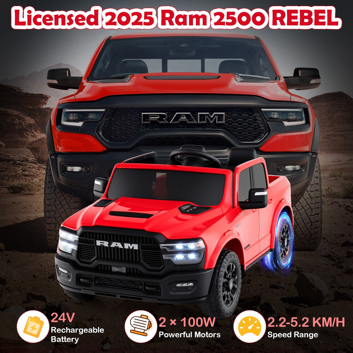 2 Seater 24V Ride on Toy for Big Kids Licensed Ram Truck with Remote and Music-Red view 8