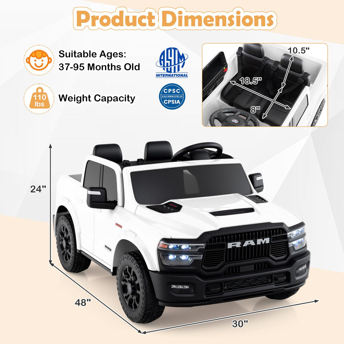 2 Seater 24V Ride on Toy for Big Kids Licensed Ram Truck with Remote and Music-White view 4