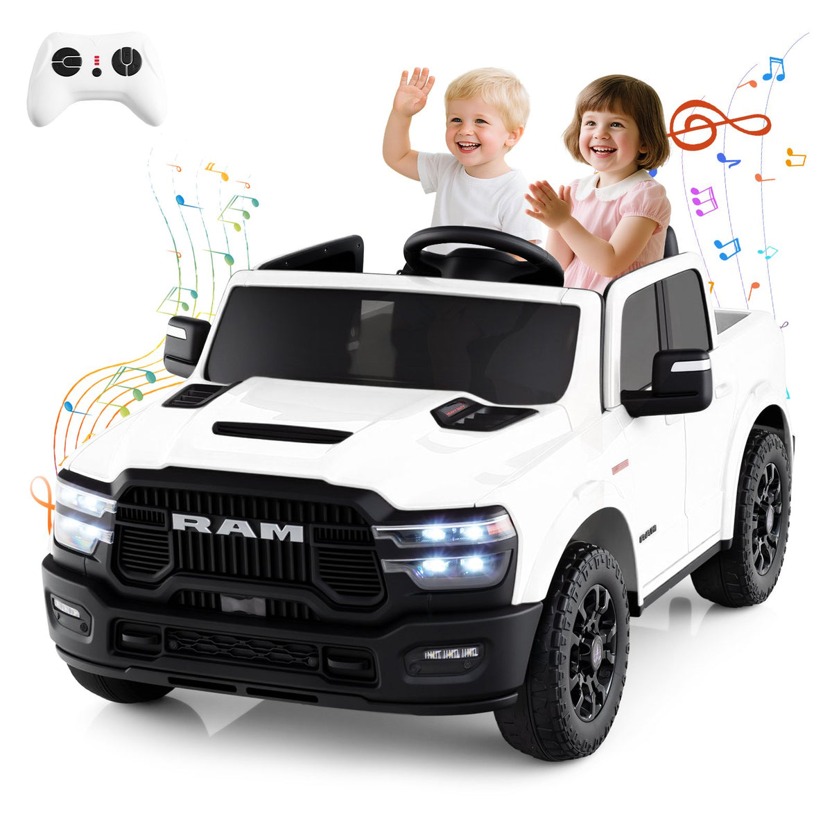 2 Seater 24V Ride on Toy for Big Kids Licensed Ram Truck with Remote and Music-White view 5