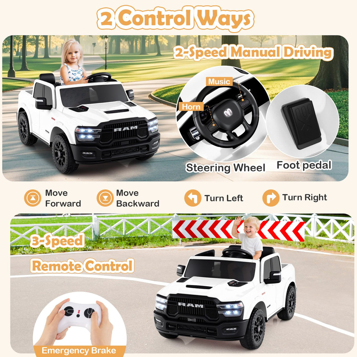 2 Seater 24V Ride on Toy for Big Kids Licensed Ram Truck with Remote and Music-White view 6
