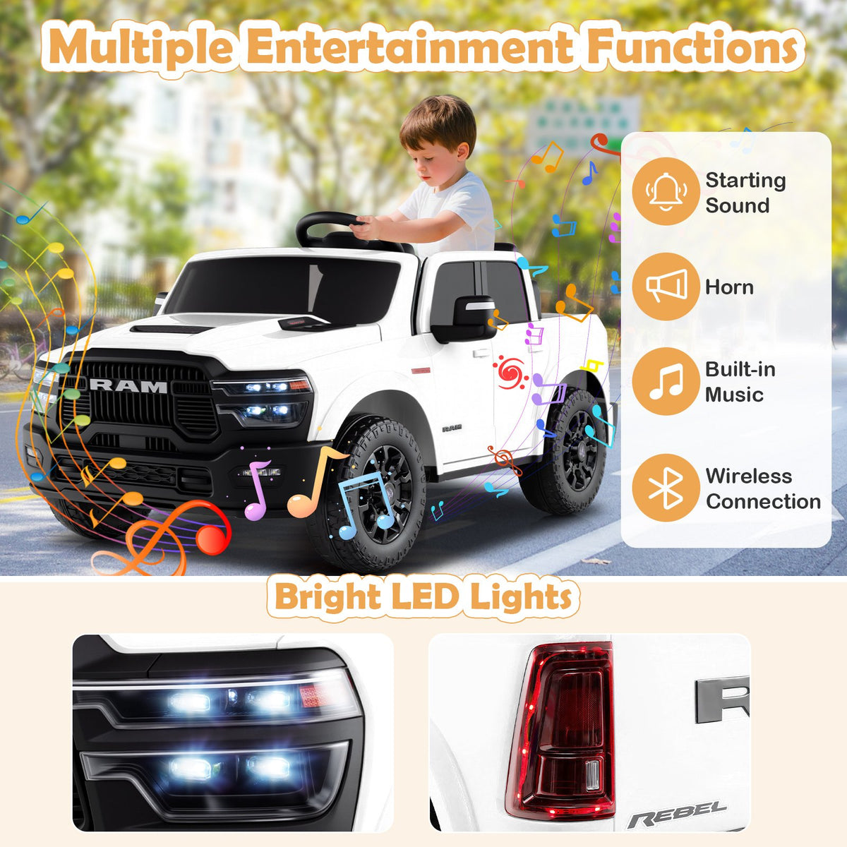 2 Seater 24V Ride on Toy for Big Kids Licensed Ram Truck with Remote and Music-White view 7