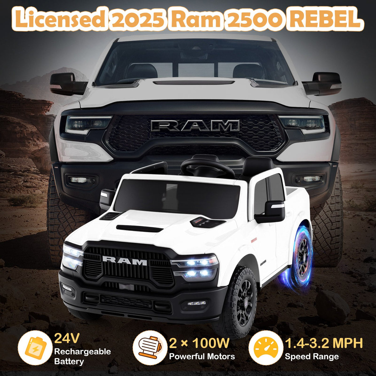 2 Seater 24V Ride on Toy for Big Kids Licensed Ram Truck with Remote and Music-White view 8