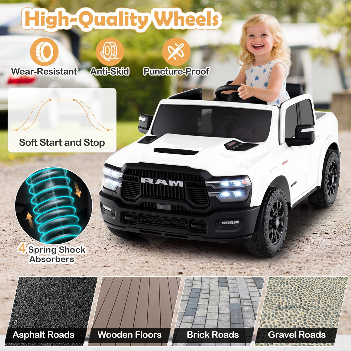 2 Seater 24V Ride on Toy for Big Kids Licensed Ram Truck with Remote and Music-White view 9