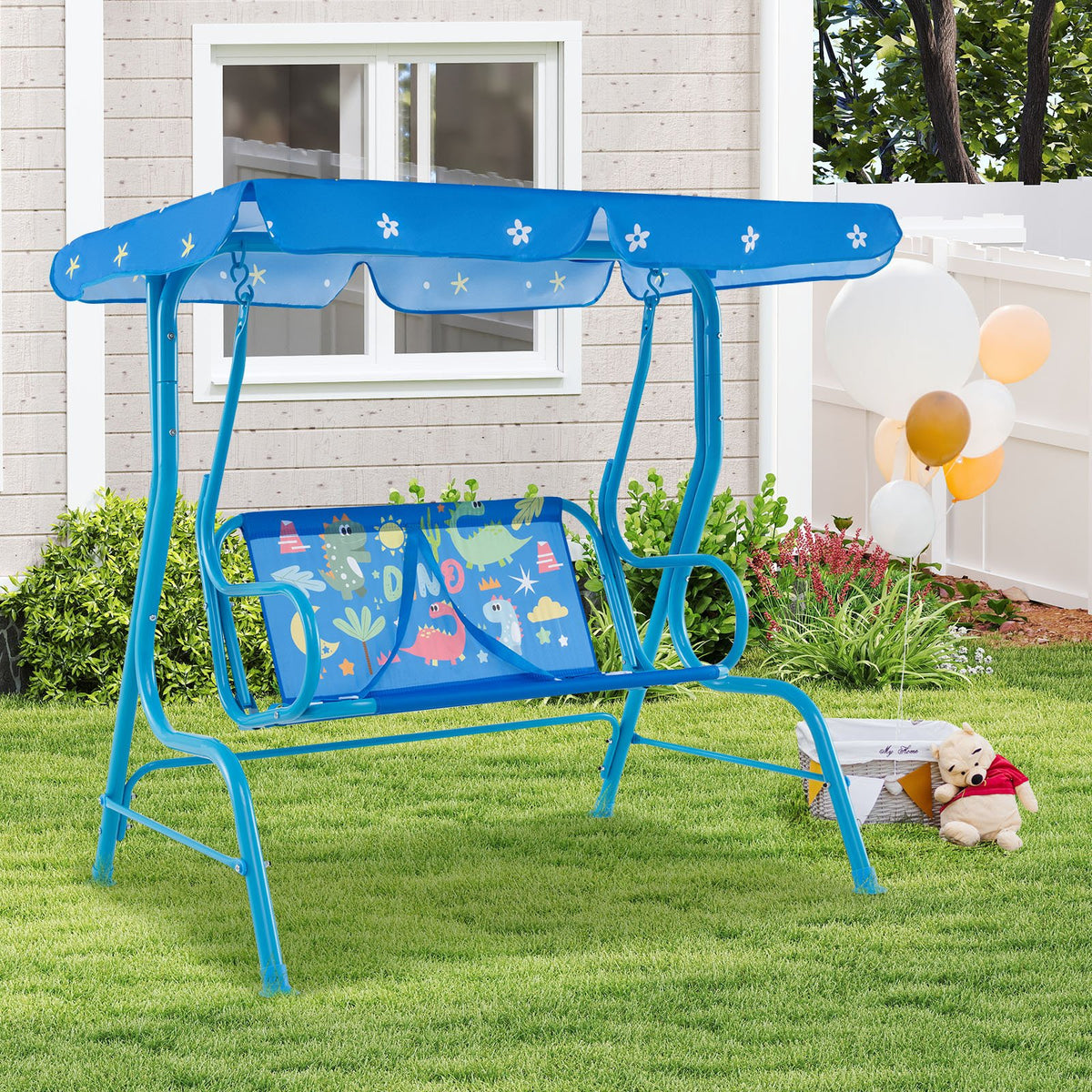 2-Seater Kids Patio Swing with Metal Stand and Adjustable Canopy-Bule view 2