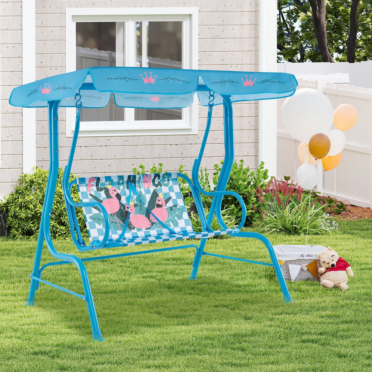 2-Seater Kids Patio Swing with Metal Stand and Adjustable Canopy-Navy view 2