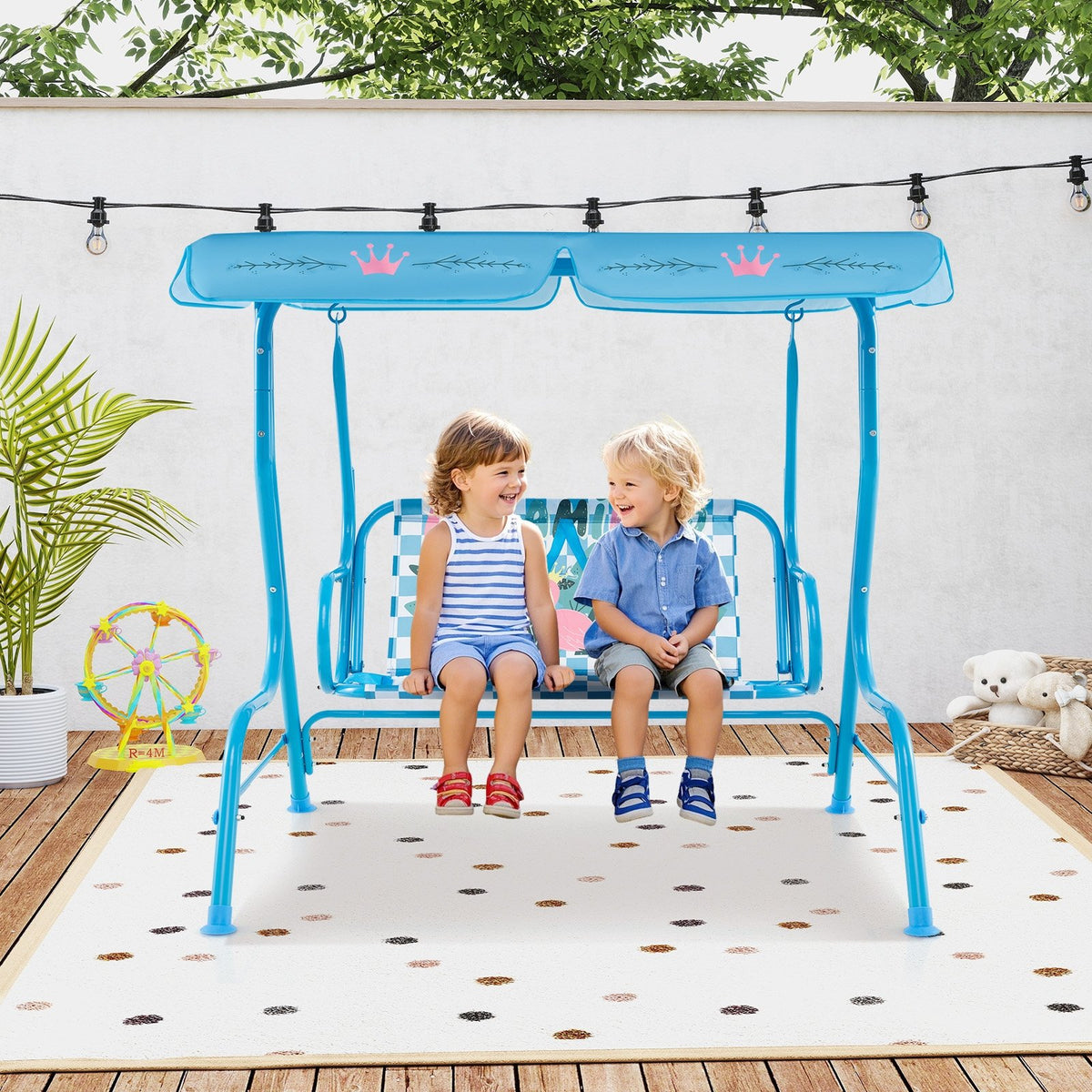 2-Seater Kids Patio Swing with Metal Stand and Adjustable Canopy-Navy view 3