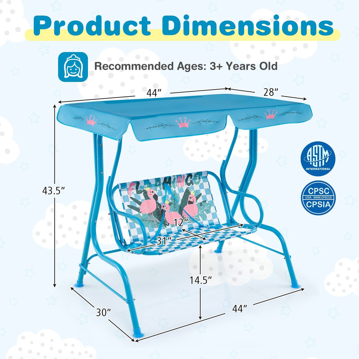 2-Seater Kids Patio Swing with Metal Stand and Adjustable Canopy-Navy view 5