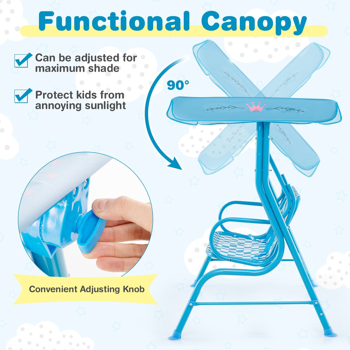 2-Seater Kids Patio Swing with Metal Stand and Adjustable Canopy-Navy view 6