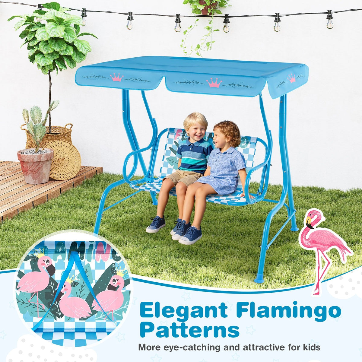 2-Seater Kids Patio Swing with Metal Stand and Adjustable Canopy-Navy view 8