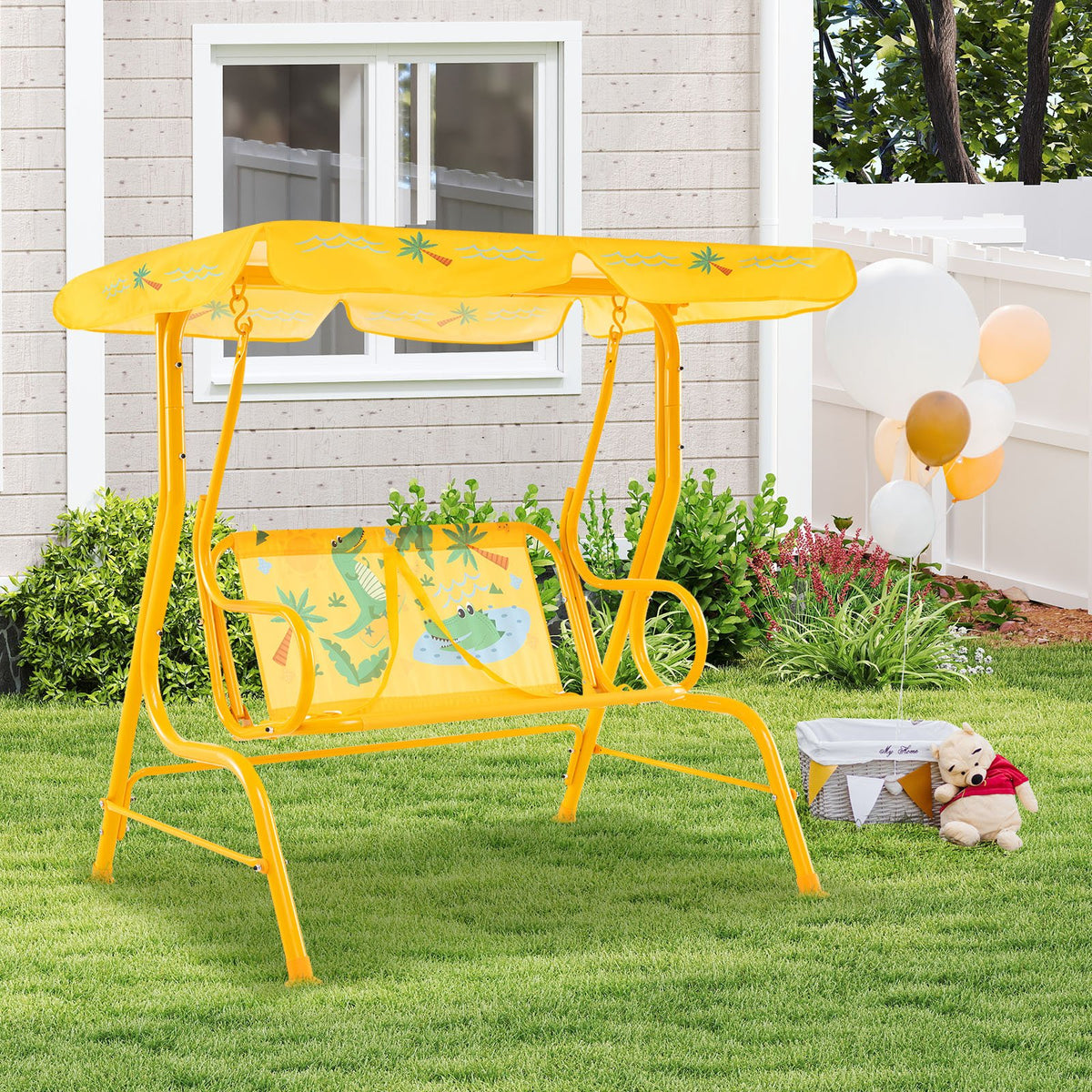 2-Seater Kids Patio Swing with Metal Stand and Adjustable Canopy-Yellow view 2
