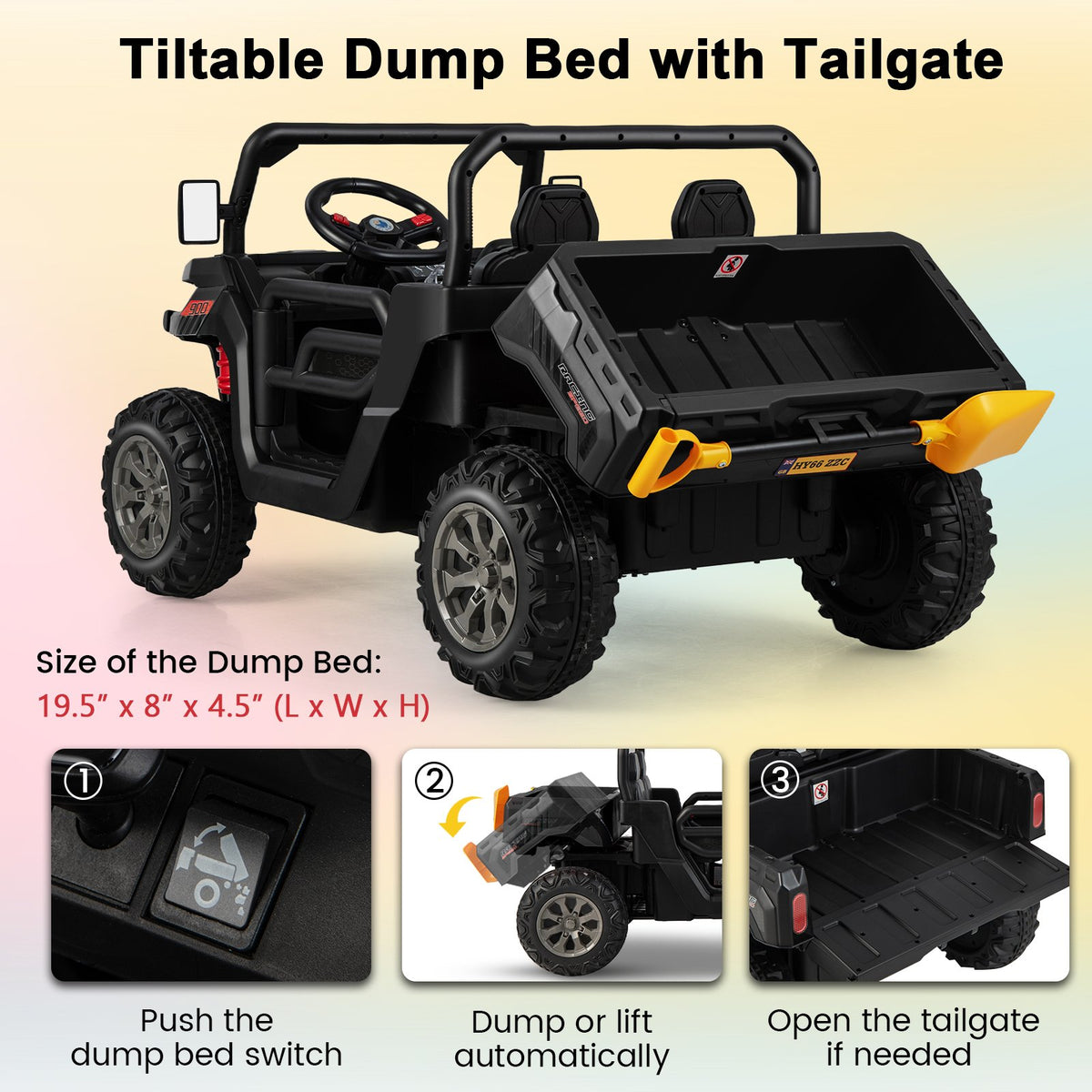 2-Seater Kids Ride On Dump Truck with Dump Bed and Shovel-Black view 6