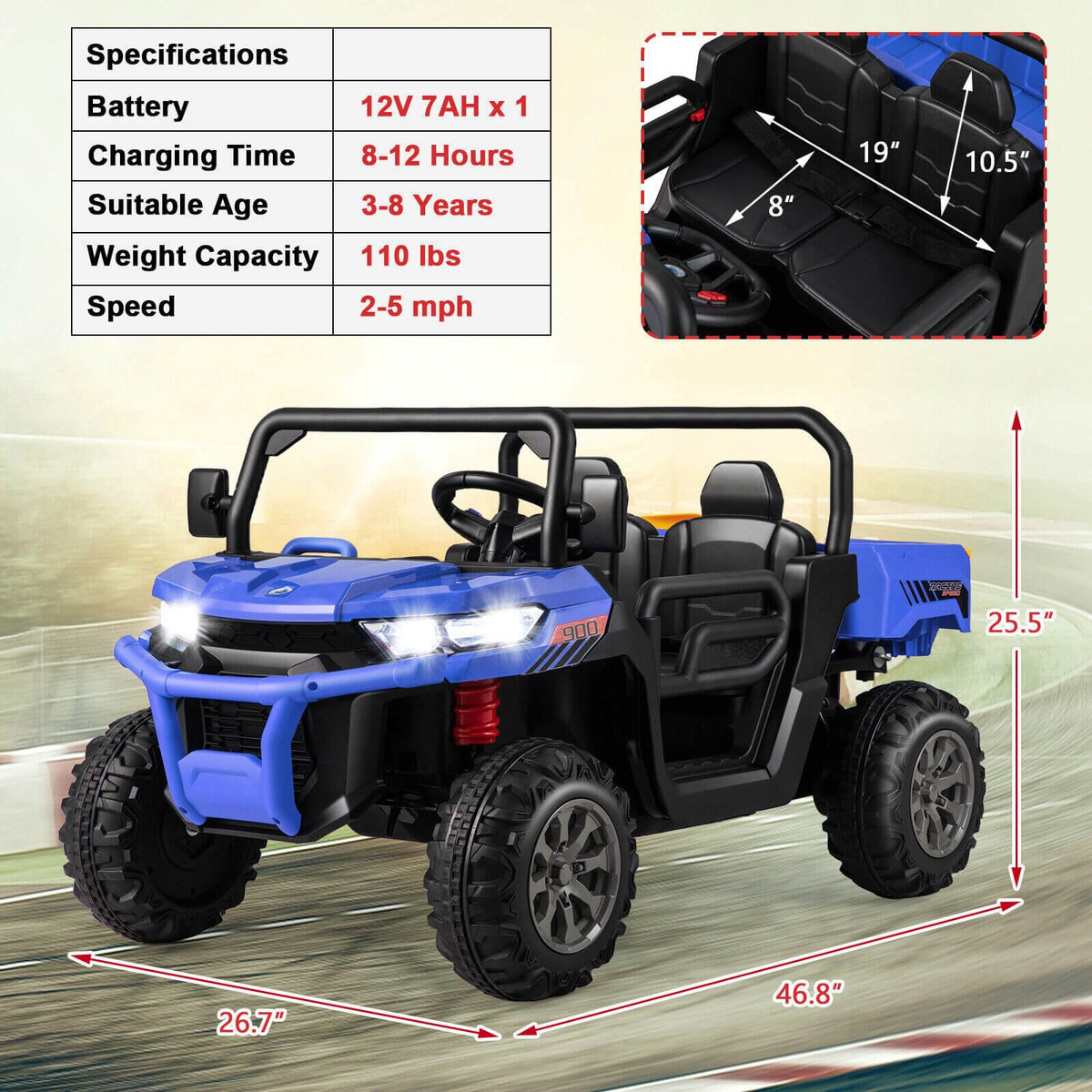 2-Seater Kids Ride On Dump Truck with Dump Bed and Shovel-Blue view 5