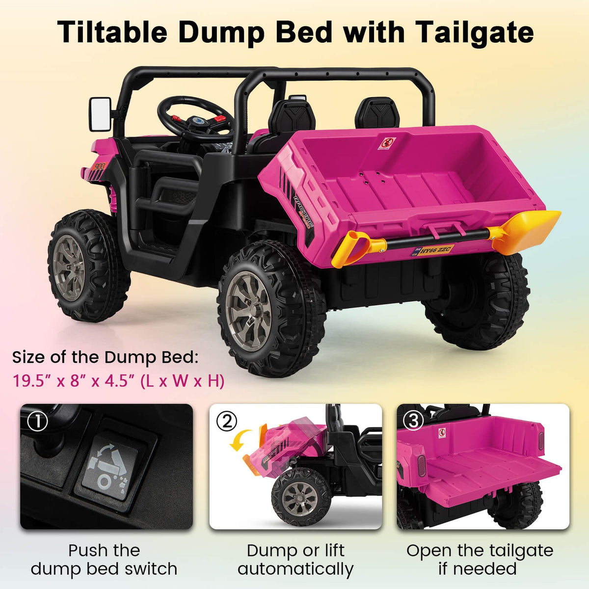 2-Seater Kids Ride On Dump Truck with Dump Bed and Shovel-Pink view 7