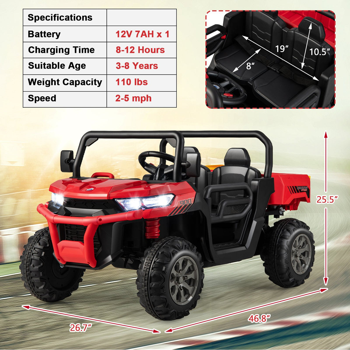 2-Seater Kids Ride On Dump Truck with Dump Bed and Shovel-Red view 5