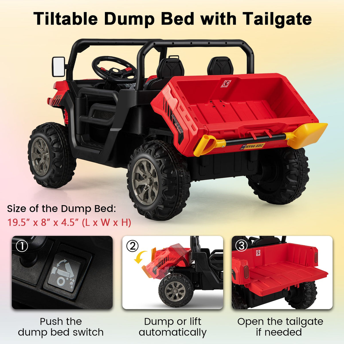 2-Seater Kids Ride On Dump Truck with Dump Bed and Shovel-Red view 7