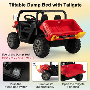 2-Seater Kids Ride On Dump Truck with Dump Bed and Shovel-Red view 7