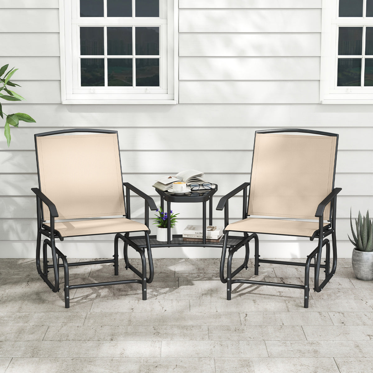 2-Seater Outdoor Glider Bench with 2-Tier Center Table-Beige view 2