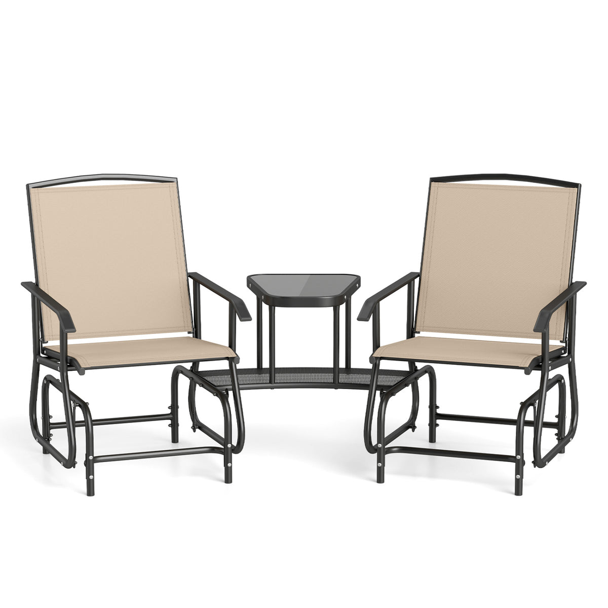 2-Seater Outdoor Glider Bench with 2-Tier Center Table-Beige view 4
