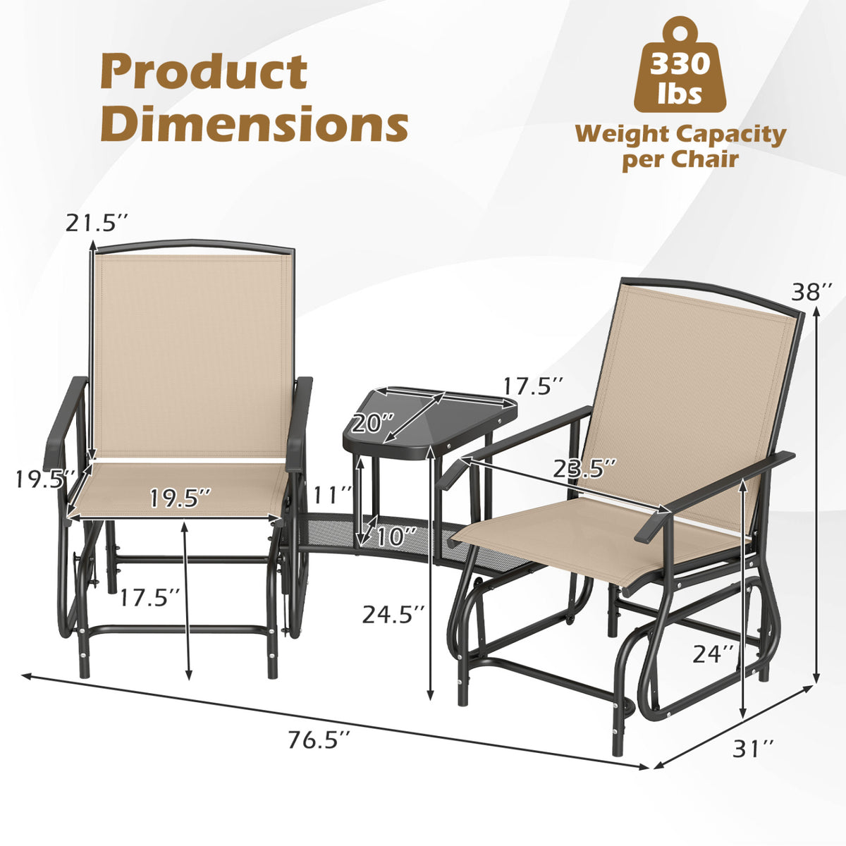 2-Seater Outdoor Glider Bench with 2-Tier Center Table-Beige view 5