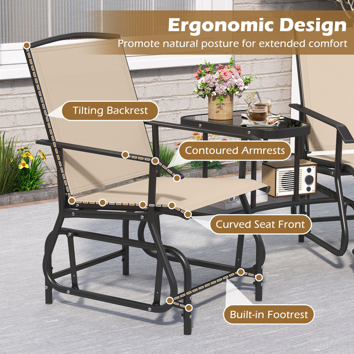 2-Seater Outdoor Glider Bench with 2-Tier Center Table-Beige view 7