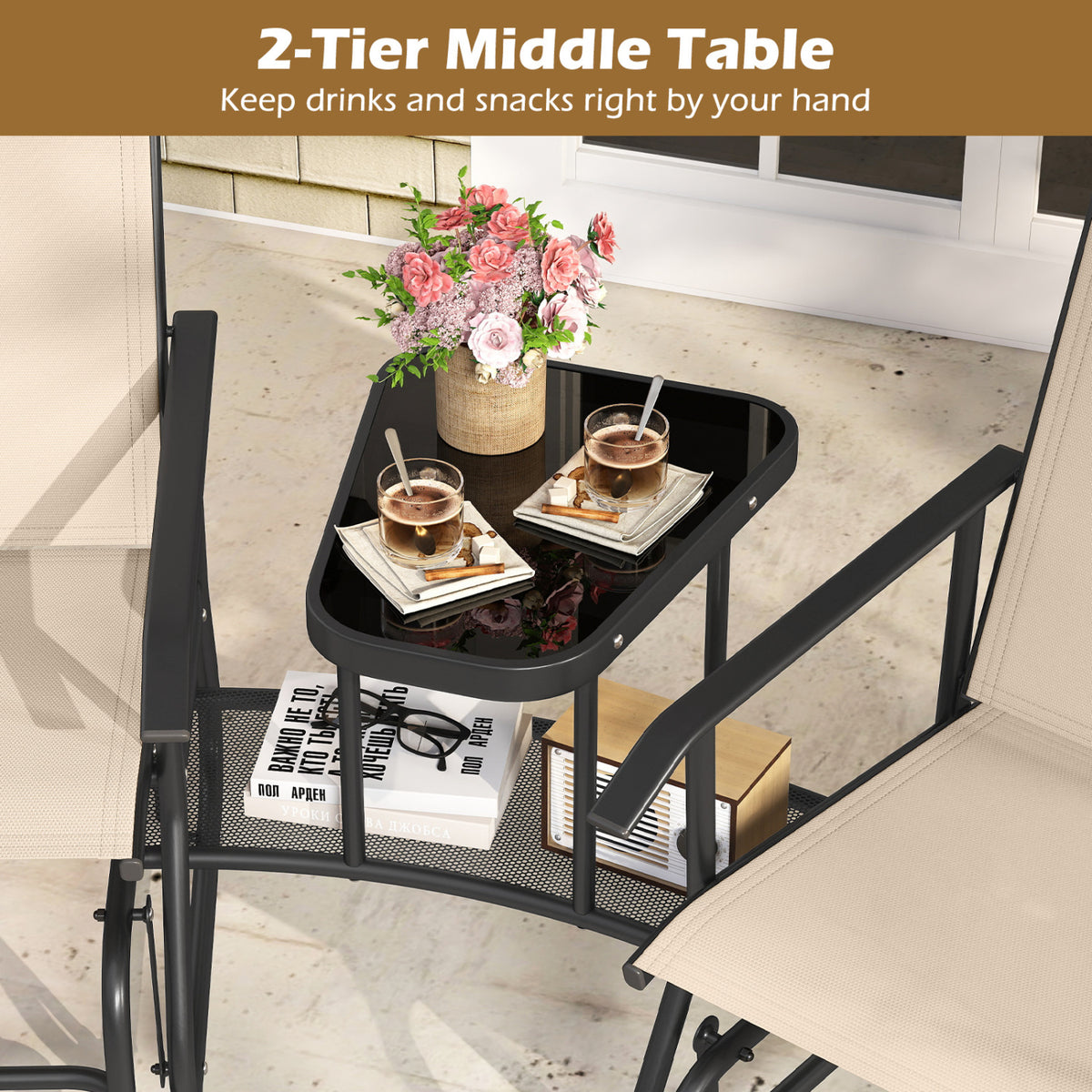 2-Seater Outdoor Glider Bench with 2-Tier Center Table-Beige view 8