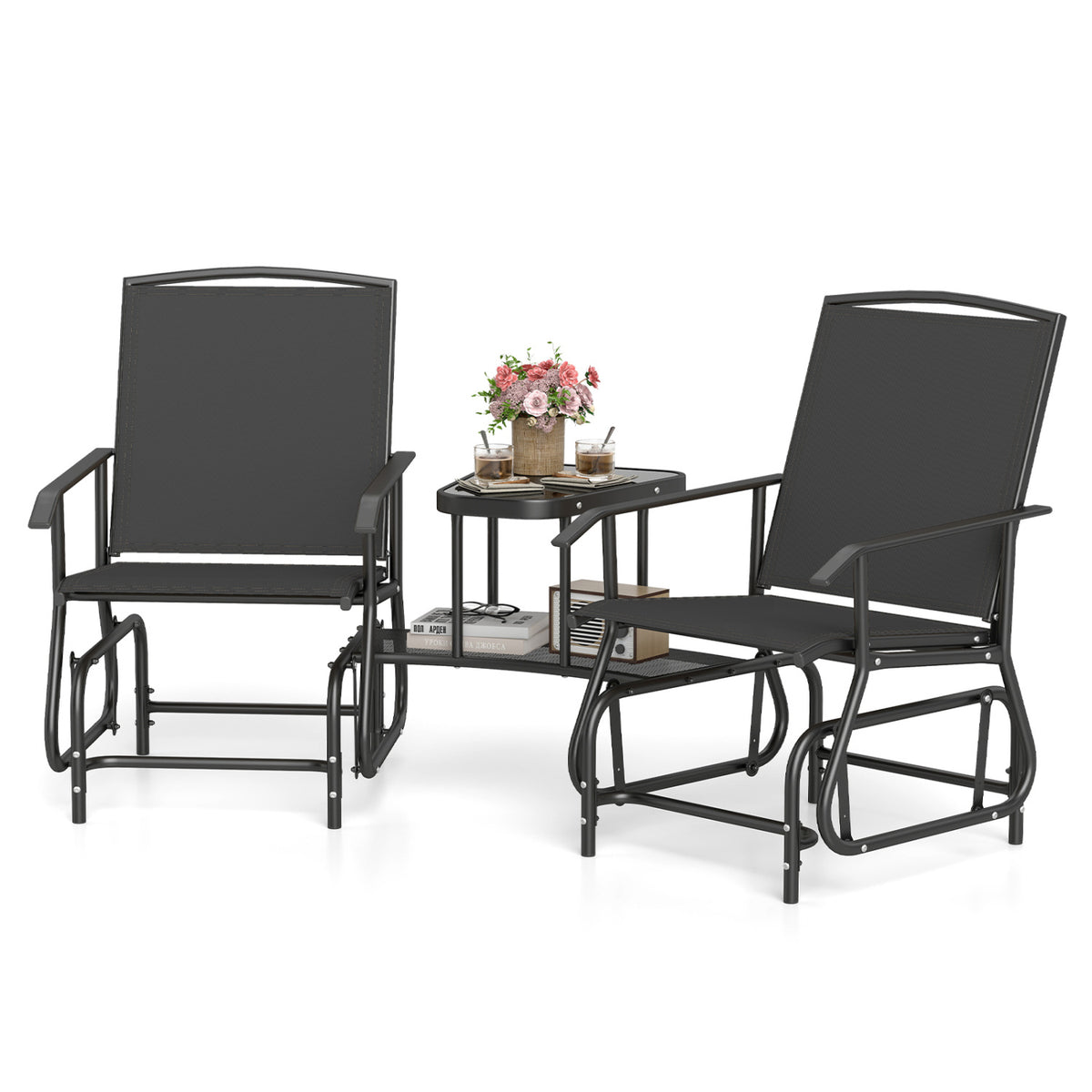 2-Seater Outdoor Glider Bench with 2-Tier Center Table-Black