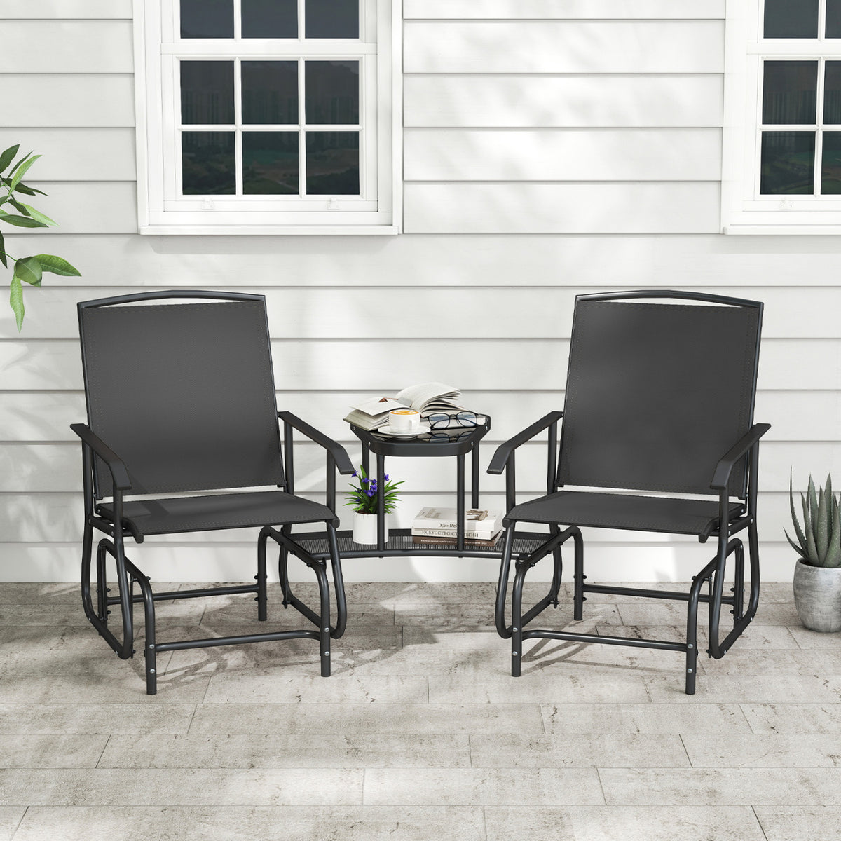 2-Seater Outdoor Glider Bench with 2-Tier Center Table-Black view 2