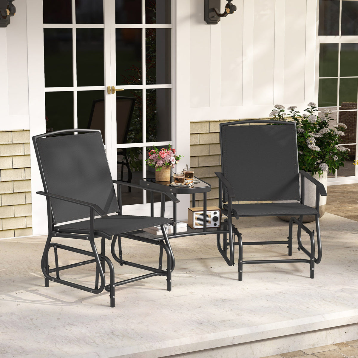 2-Seater Outdoor Glider Bench with 2-Tier Center Table-Black view 3